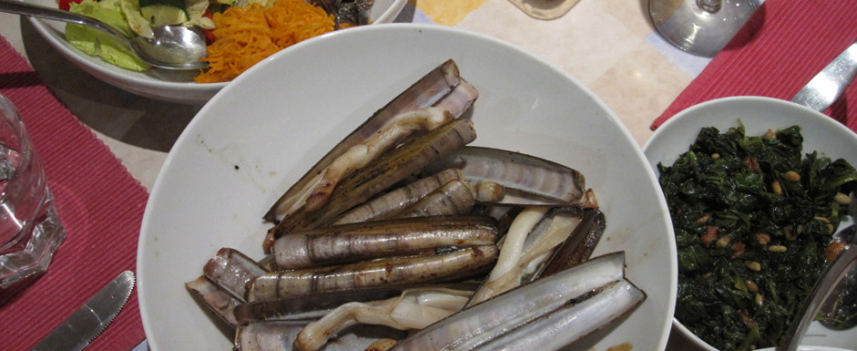 Seafood is what to eat on the Costa Brava. Razor shell clams are a delight in Sant Feliu de Guixols